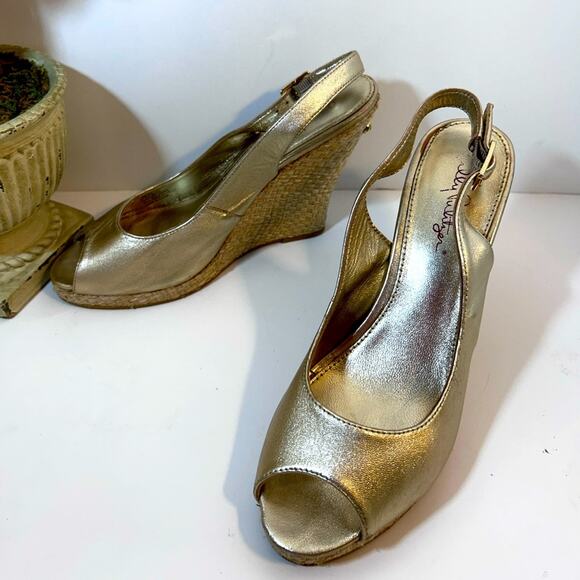 Lilly Pulitzer Kristin Leather Wedge Gold Peep Toe    Preppy Shoes Size 8.5 - Picture 9 of 16